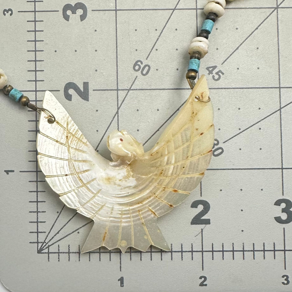Native American carved mother of pearl fetish bird heishi beaded necklace