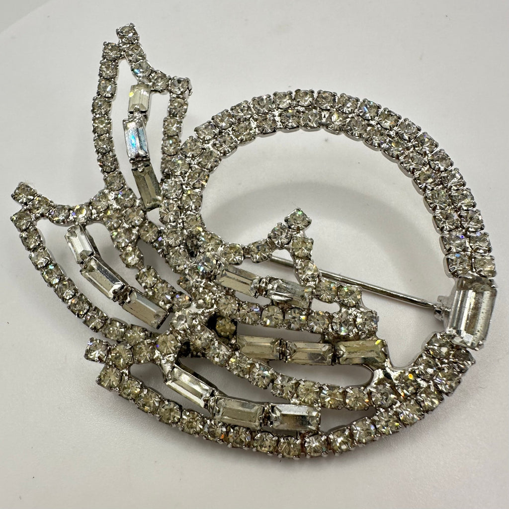 1950s vintage silver tone rhodium plated clear icy glass rhinestones brooch