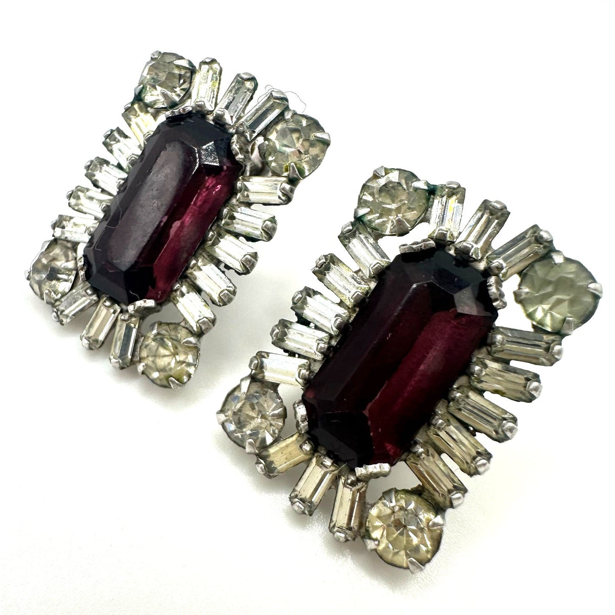 1940s vintage sterling silver purple clear glass rhinestones screw back earrings