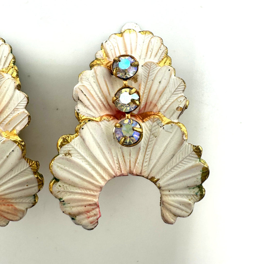 Austria vintage gold tone white pink enamel AB rhinestones clip on earrings