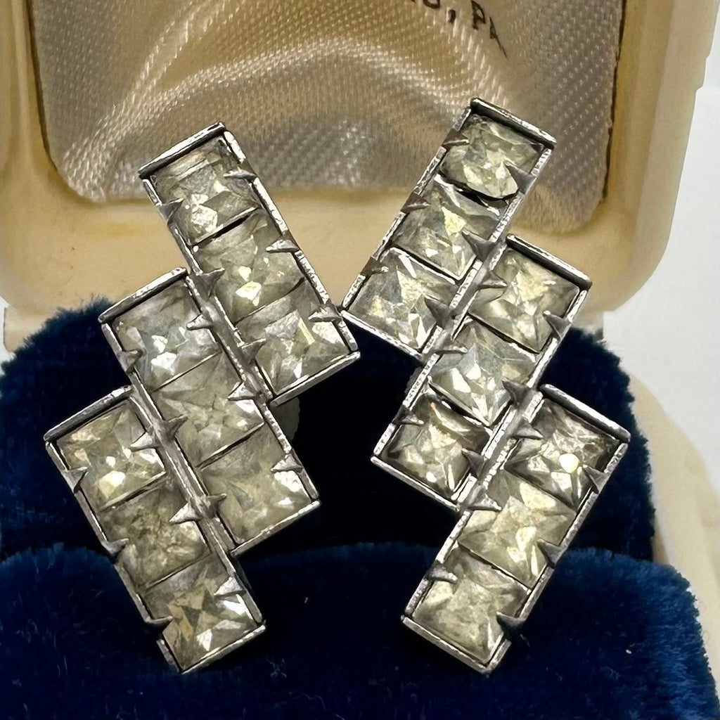 1940s vintage retro clear square rhinestones silver tone screw back earrings