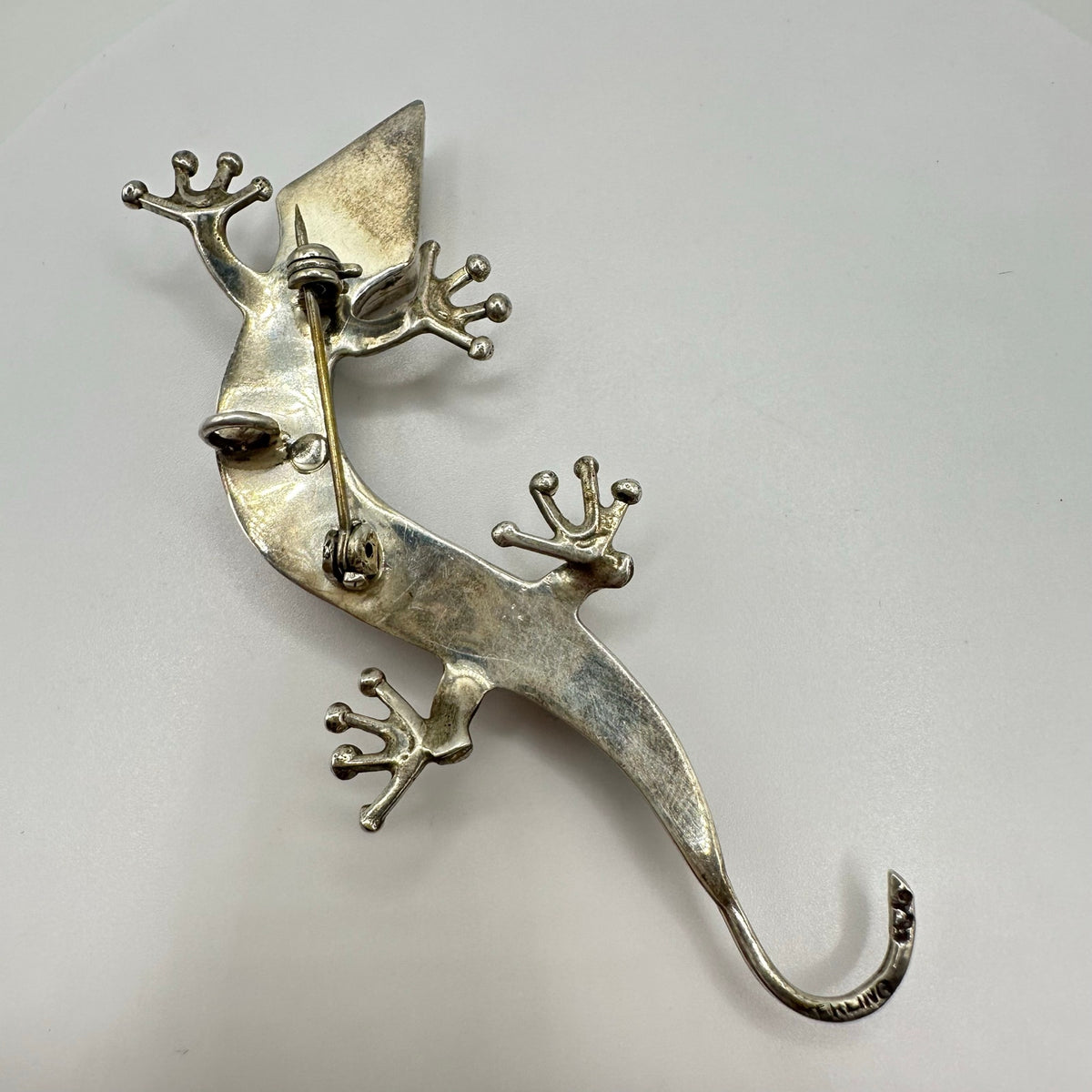 Native American sterling silver fire opal turquoise inlay lizard brooch pendant