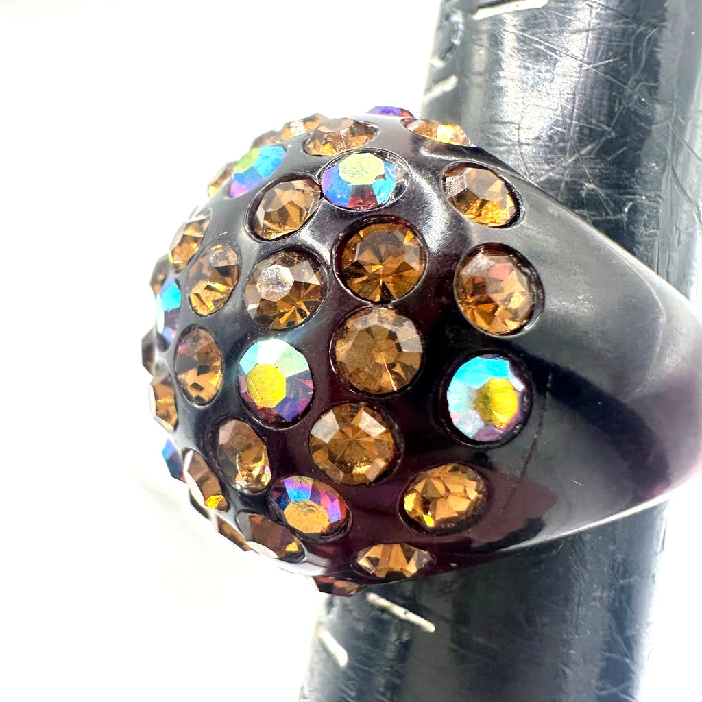 Vintage black cherry red lucite brown root beer AB rhinestones domed ring 6.5