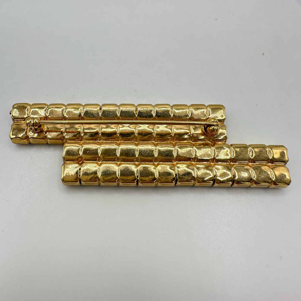 Vintage gold tone emerald green blue square rhinestones geometric bar brooch