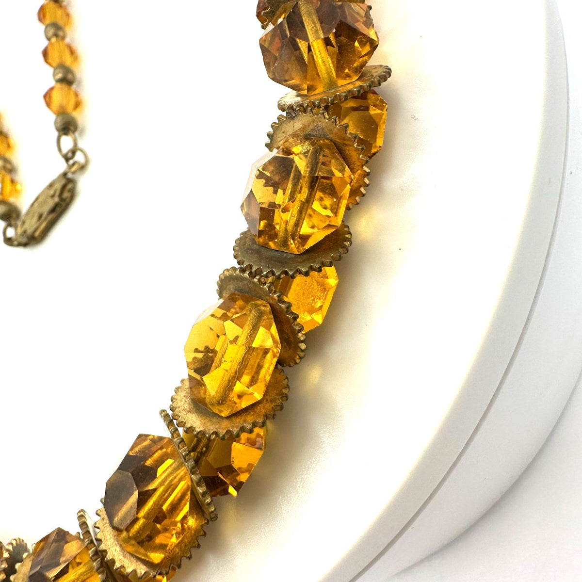 Antique Art Deco amber topaz Czech glass rondelles beaded 16” chain necklace