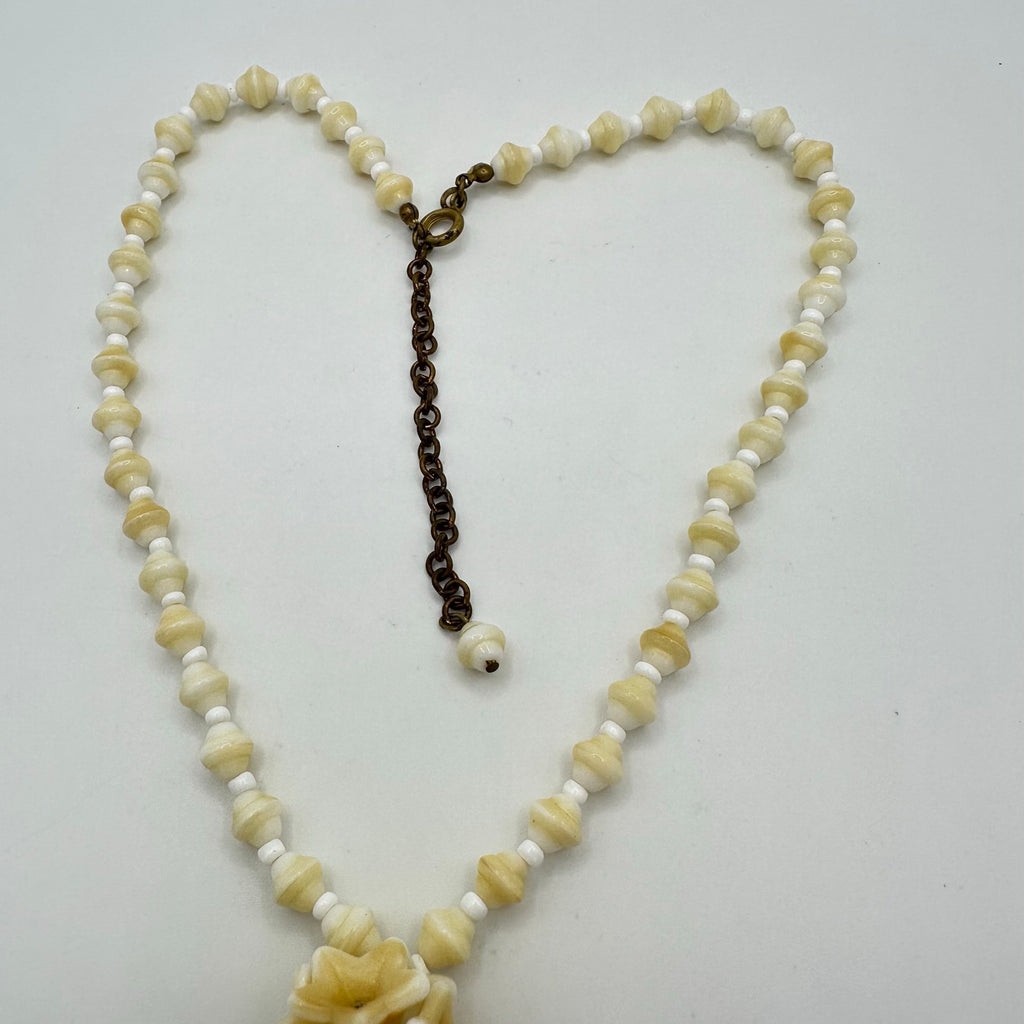 Antique vintage cream Czech glass pressed beads flowers beaded brass necklace