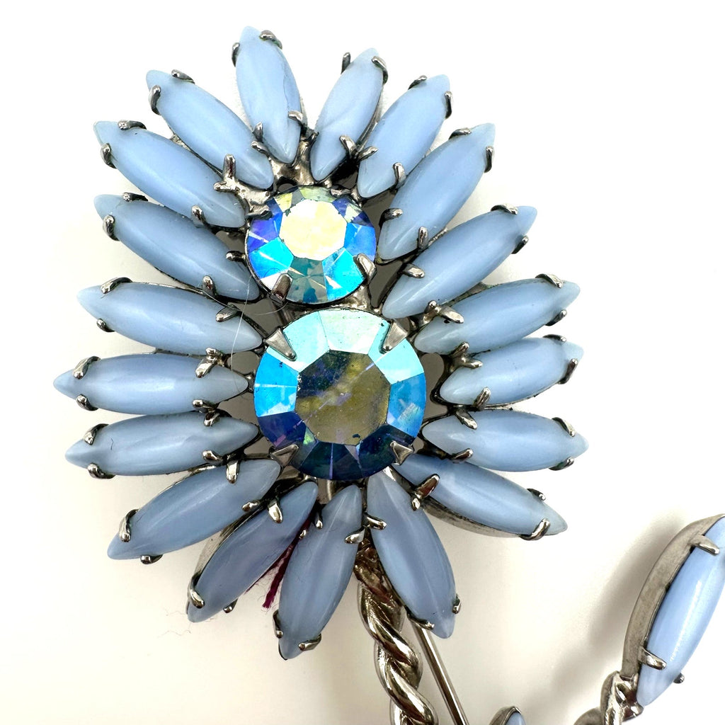 Vintage silver tone large 4" blue glass AB rhinestones navettes flower brooch