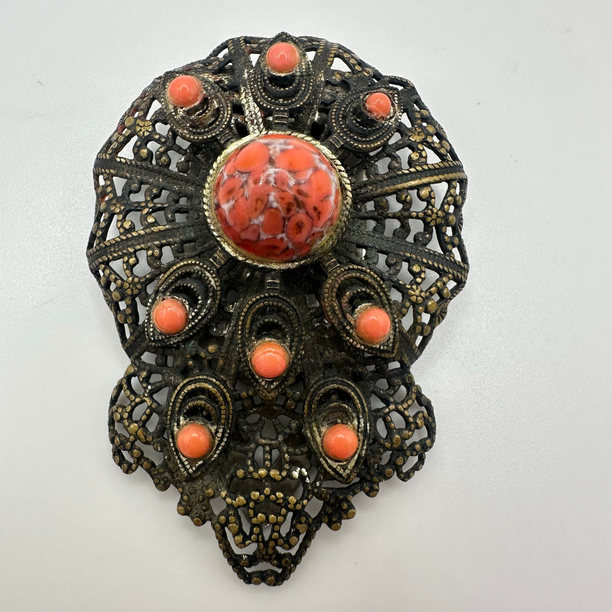 Antique Art Deco brass filigree orange art glass cabochons dress clip