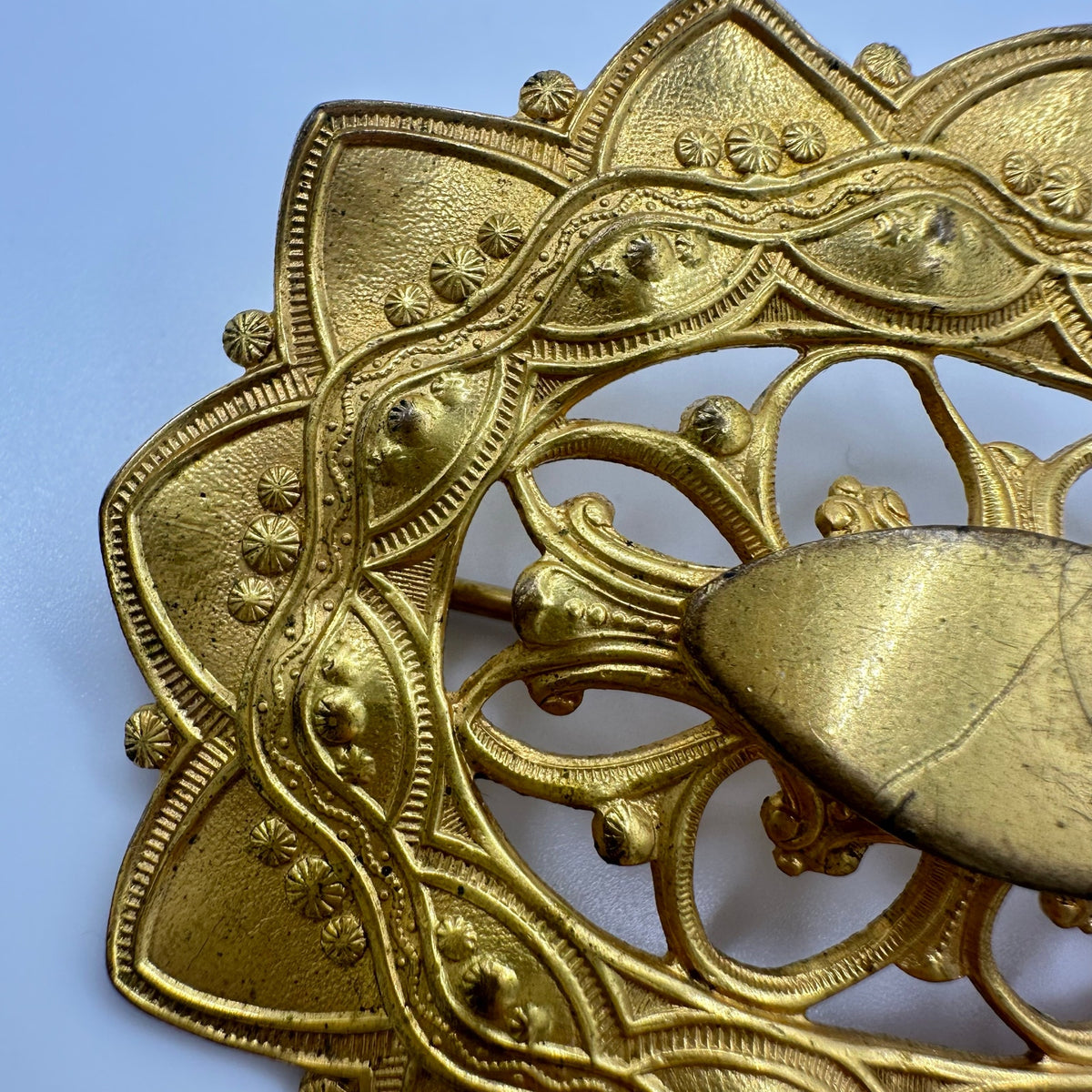 Antique 1900s Arts & Crafts gold gilt brass oval sunburst sash pin brooch