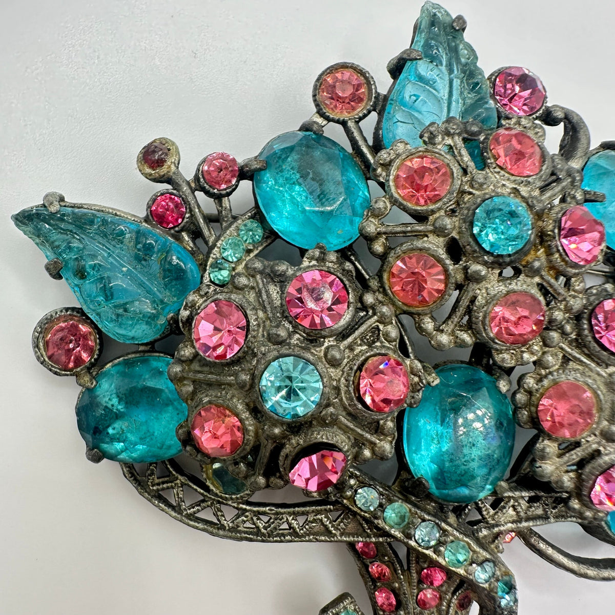 Antique Art Deco 1930s large pot metal pink blue molded glass rhinestones brooch