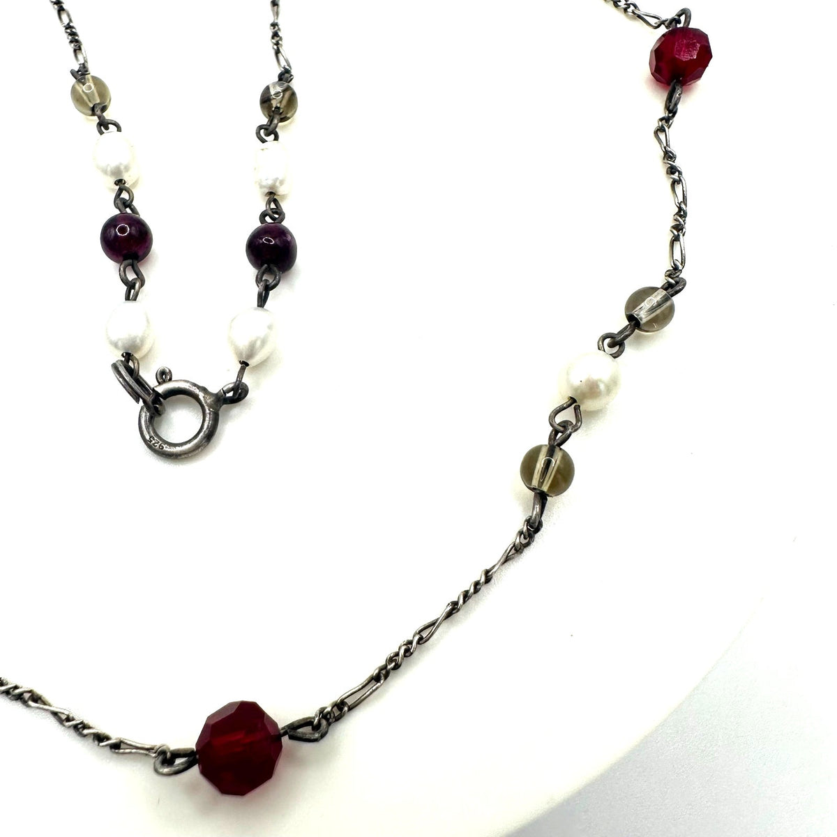 Vintage 925 sterling silver real pearls garnets quartz beaded chain 19" necklace