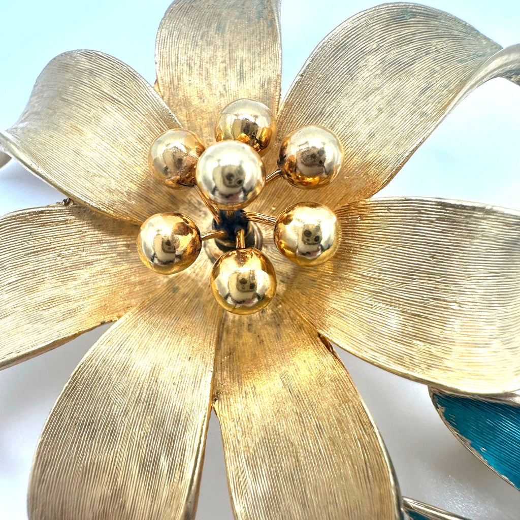 Bundle lot 2 Kramer signed vintage gold tone teal flowers floral brooches