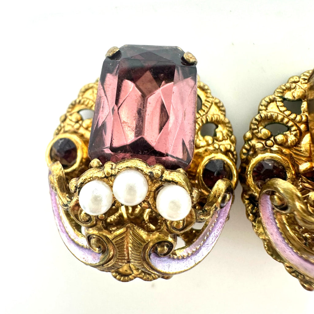 West Germany vintage gold tone filigree purple rhinestones clip on earrings