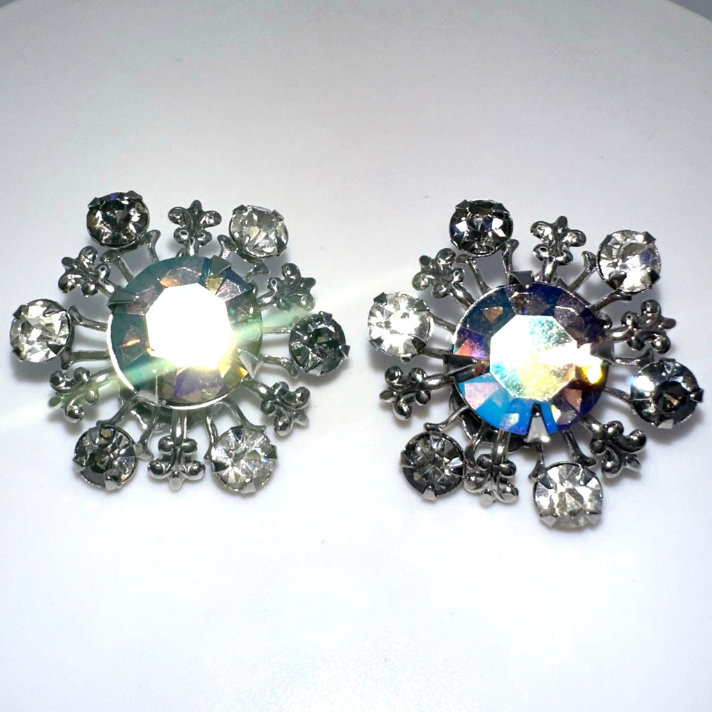 Vintage silver tone gray blue AB aurora borealis rhinestones clip on earrings
