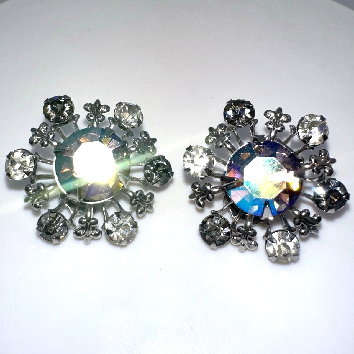 Vintage silver tone gray blue AB aurora borealis rhinestones clip on earrings