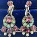 Vintage silver tone purple rhinestones faux turquoise pearls screw back earrings