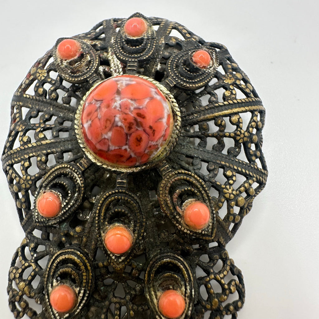 Antique Art Deco brass filigree orange art glass cabochons dress clip