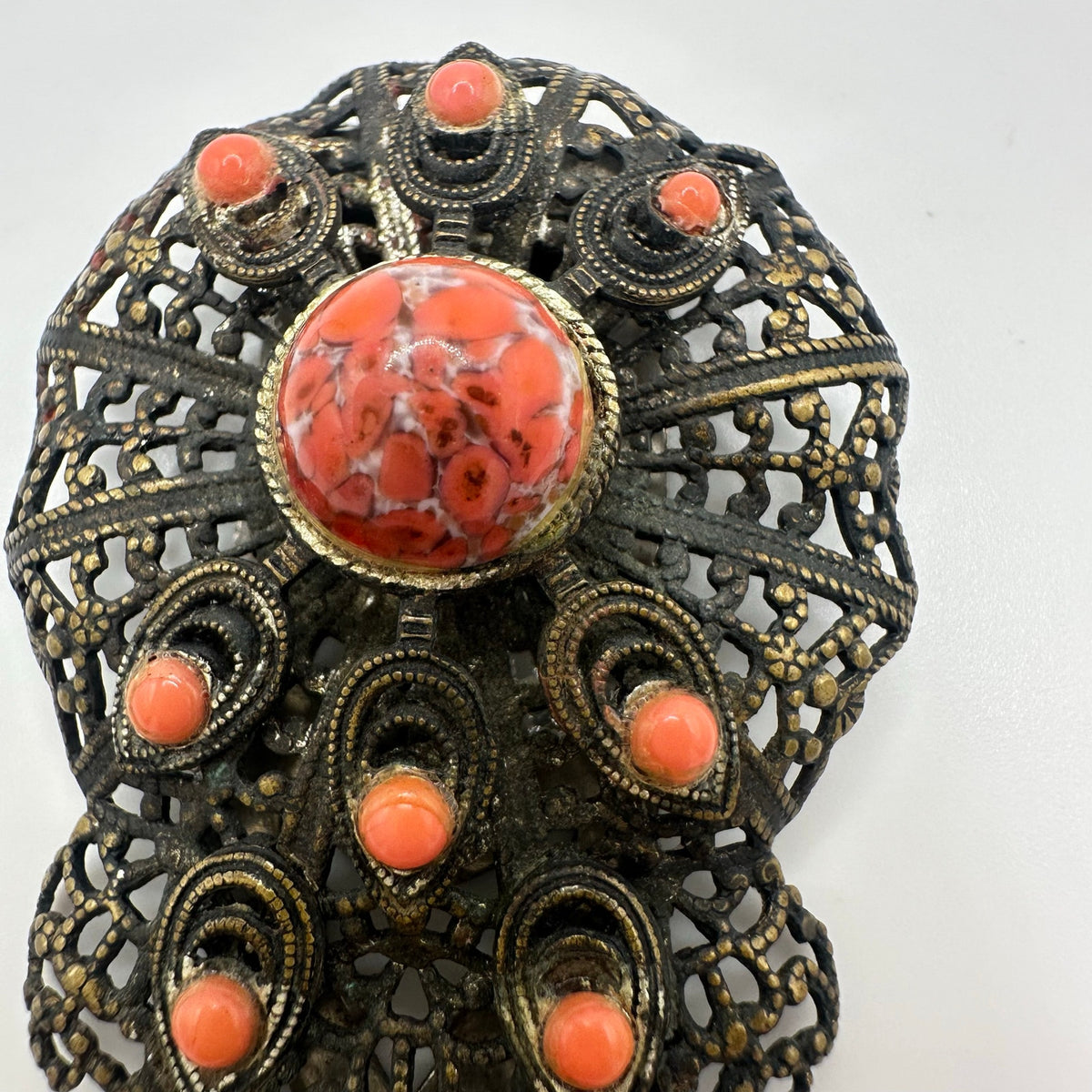 Antique Art Deco brass filigree orange art glass cabochons dress clip