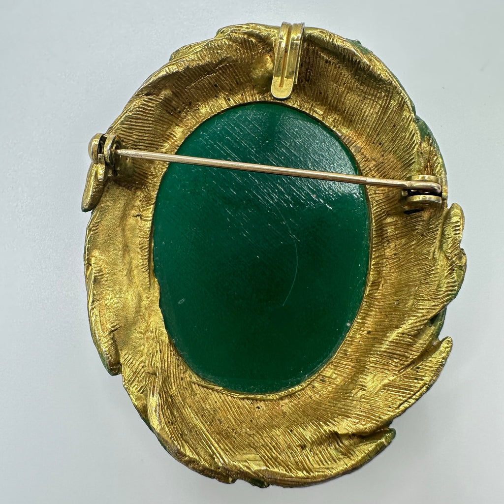 Vintage gold tone emerald green glass cabochon Victorian Revival brooch pendant