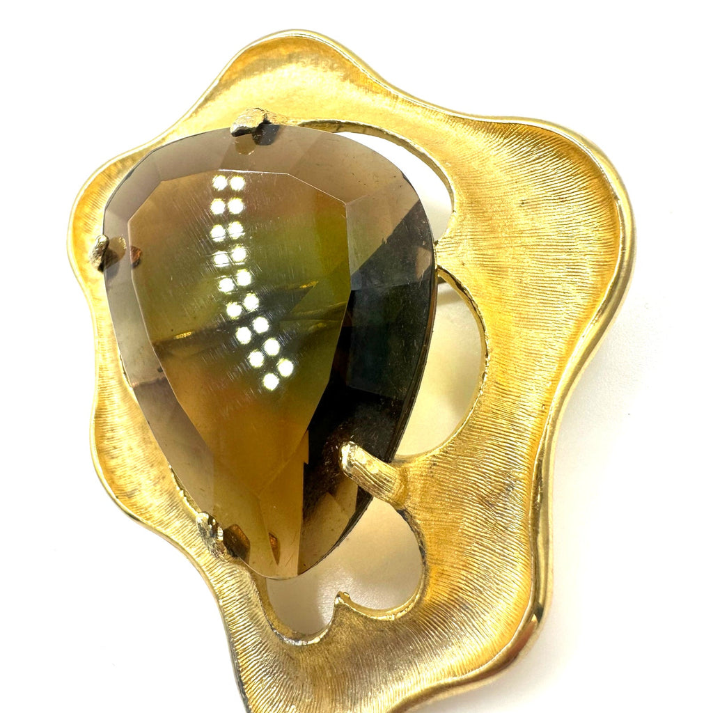 BSK vintage gold tone topaz brown green givré glass massive rhinestone brooch