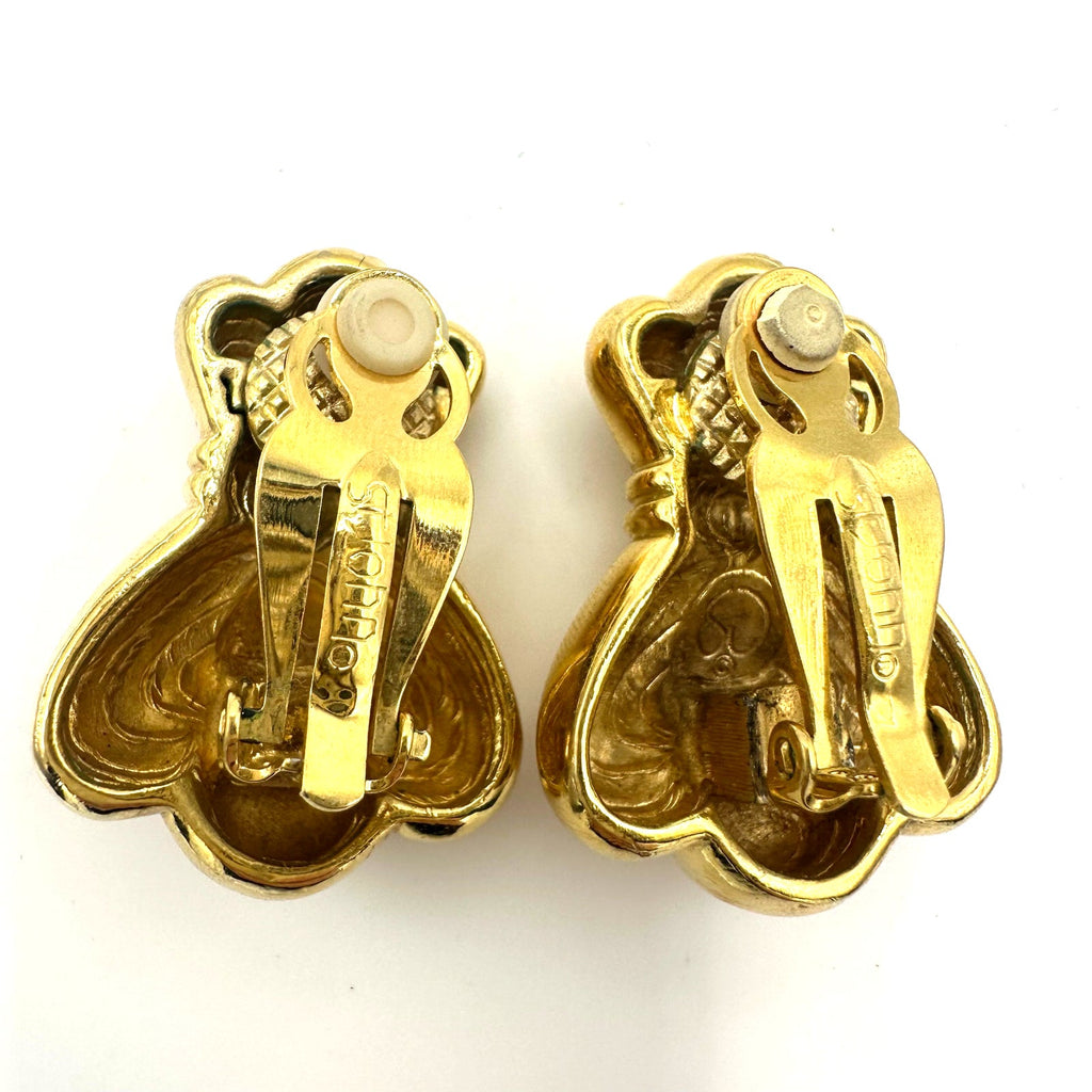 St. John signed 1980s 1990s vintage gold plated heavy abstract clip on earrings