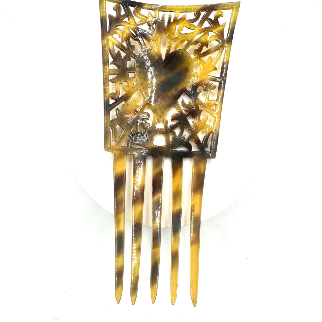 Antique Art Deco faux tortoiseshell celluloid rhinestones heart floral hair comb