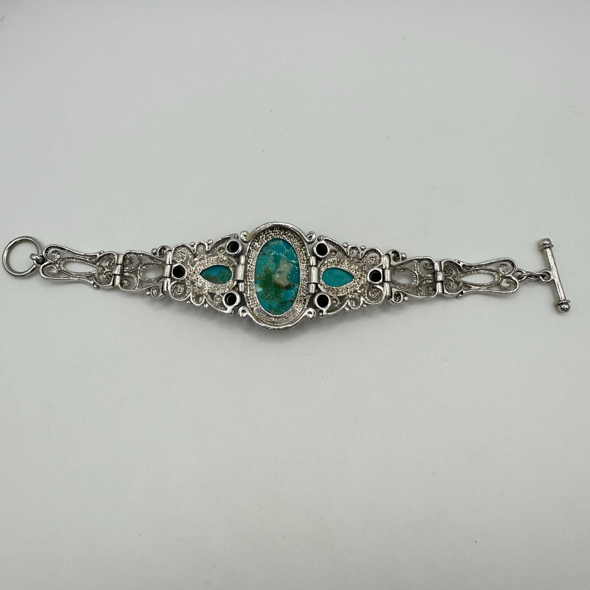 NF Thailand 925 sterling silver turquoise cabochons black rhinestones bracelet