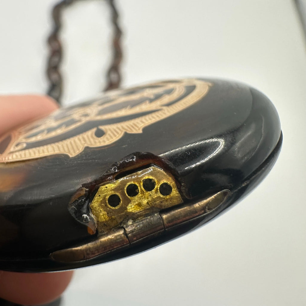 Antique Victorian 1800s Pique "faux" tortoise shell 14kt gold inlay locket chain