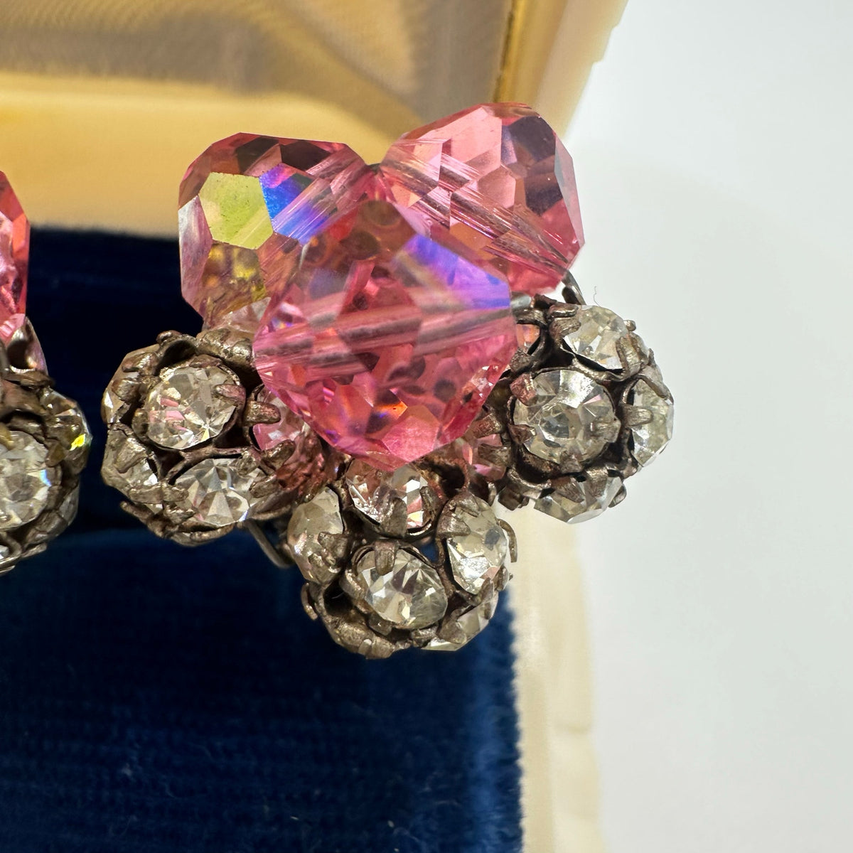 1950s vintage silver tone pink AB glass rhinestones beaded clip on earrings