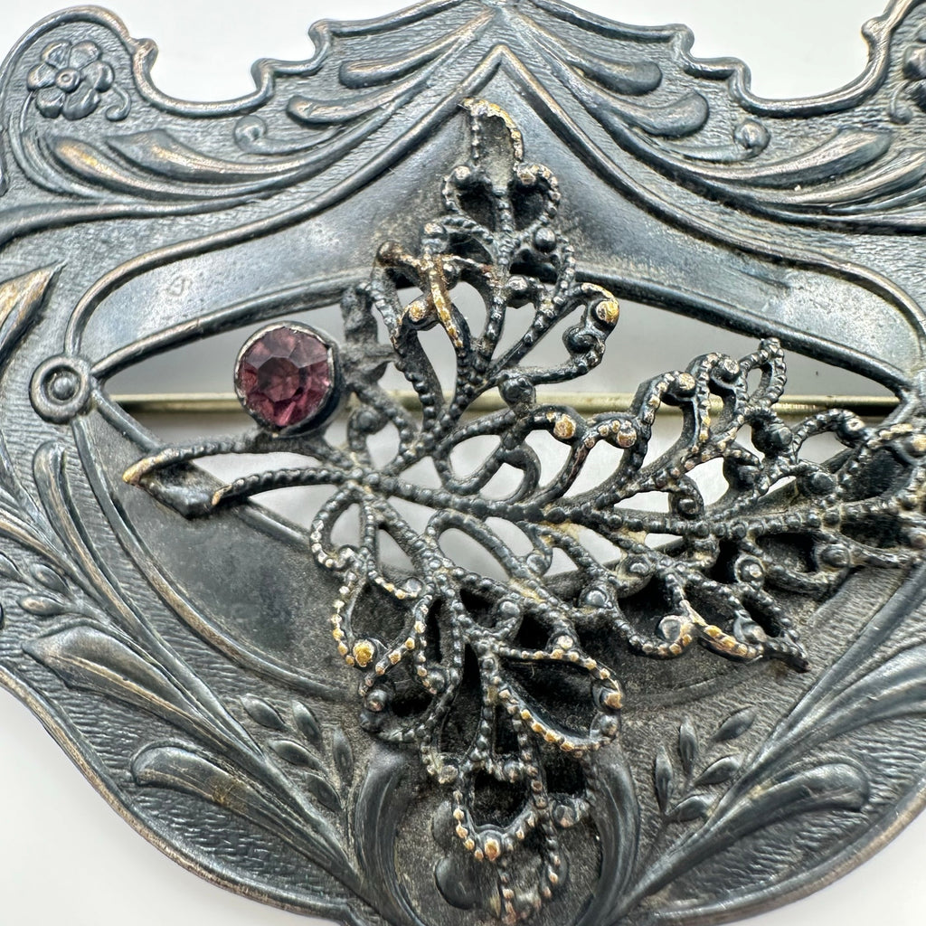 Antique 1900s Art Nouveau gilt silver brass purple rhinestone sash pin brooch