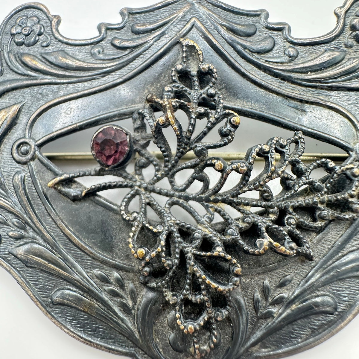 Antique 1900s Art Nouveau gilt silver brass purple rhinestone sash pin brooch