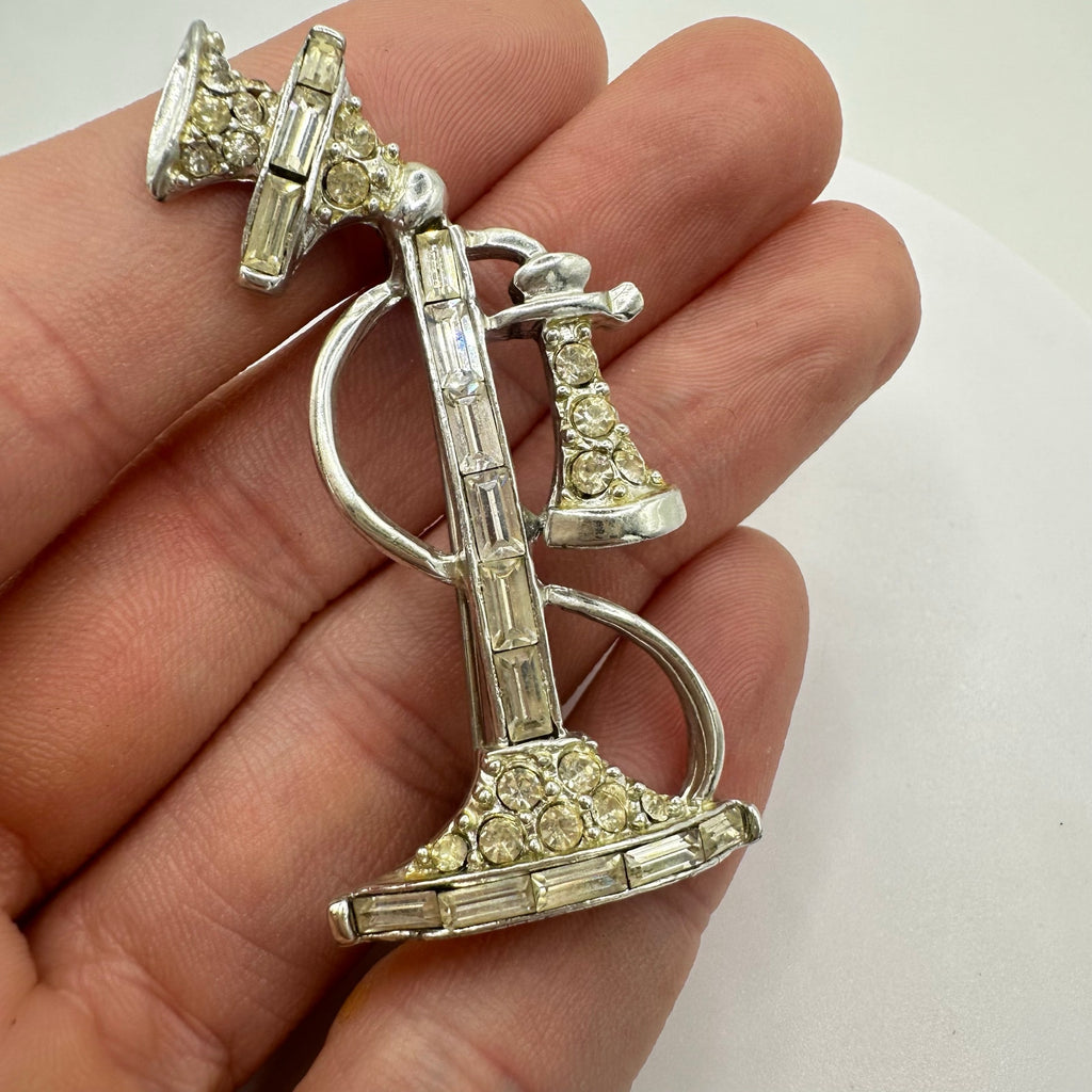 Vintage retro silver tone rhodium plated clear rhinestones telephone brooch