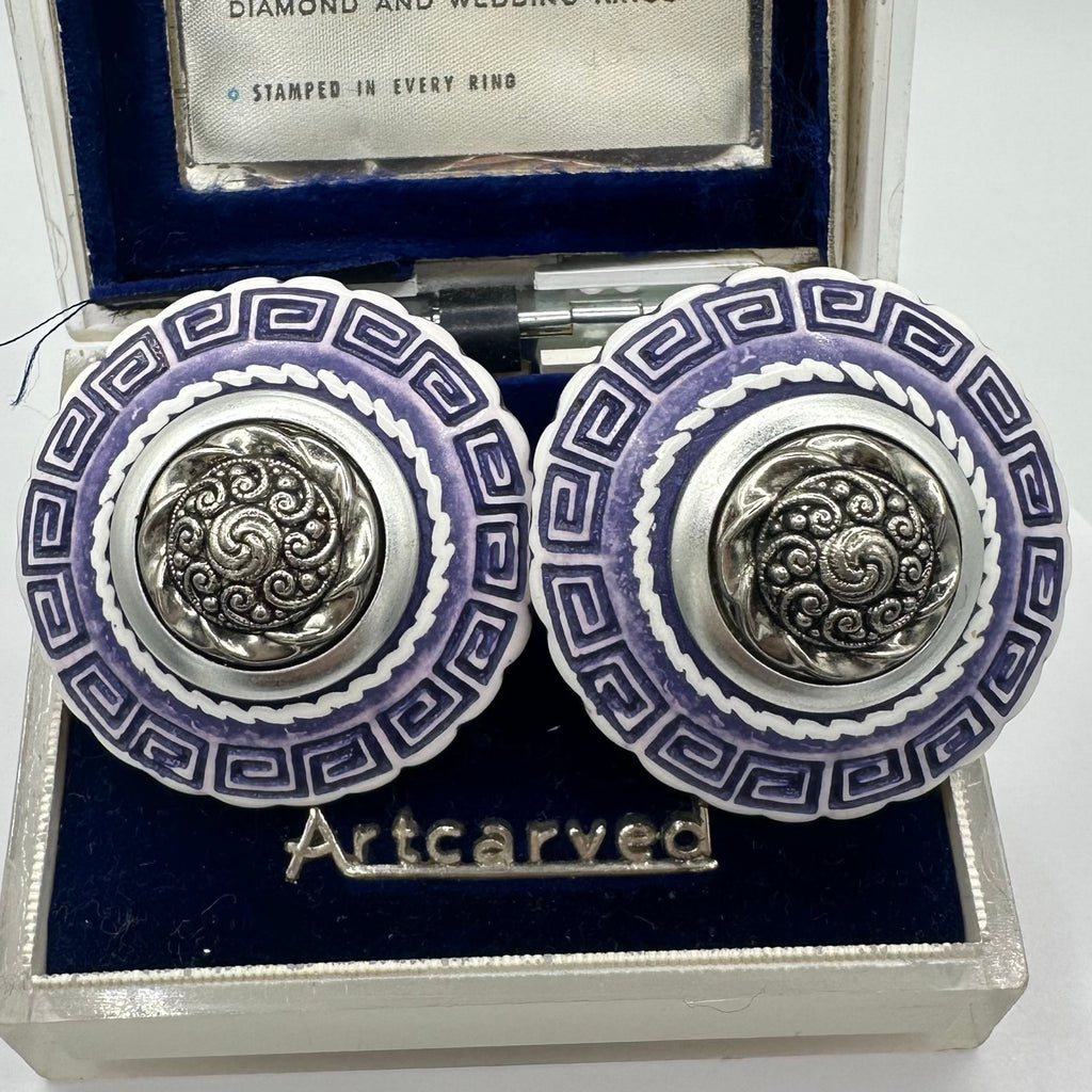 1980s vintage silver tone blue white Greek Key statement clip on earrings