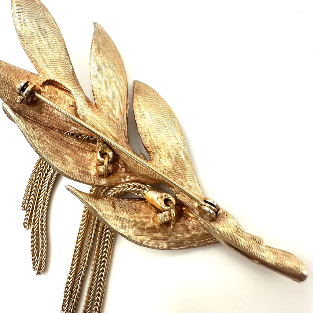 Vintage high end gold tone articulated foxtail chains leaf leaves brooch