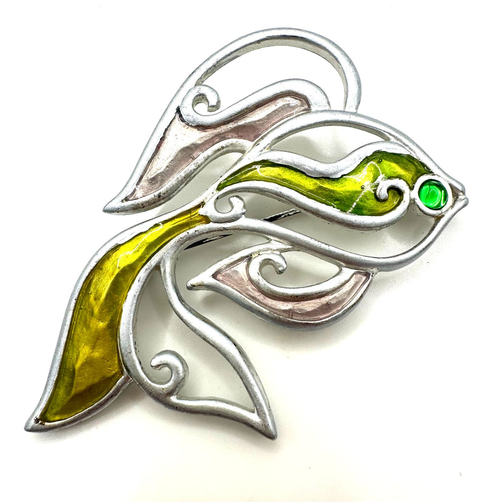 Givenchy vintage 1980s 1990s silver tone green enamel fish figural brooch