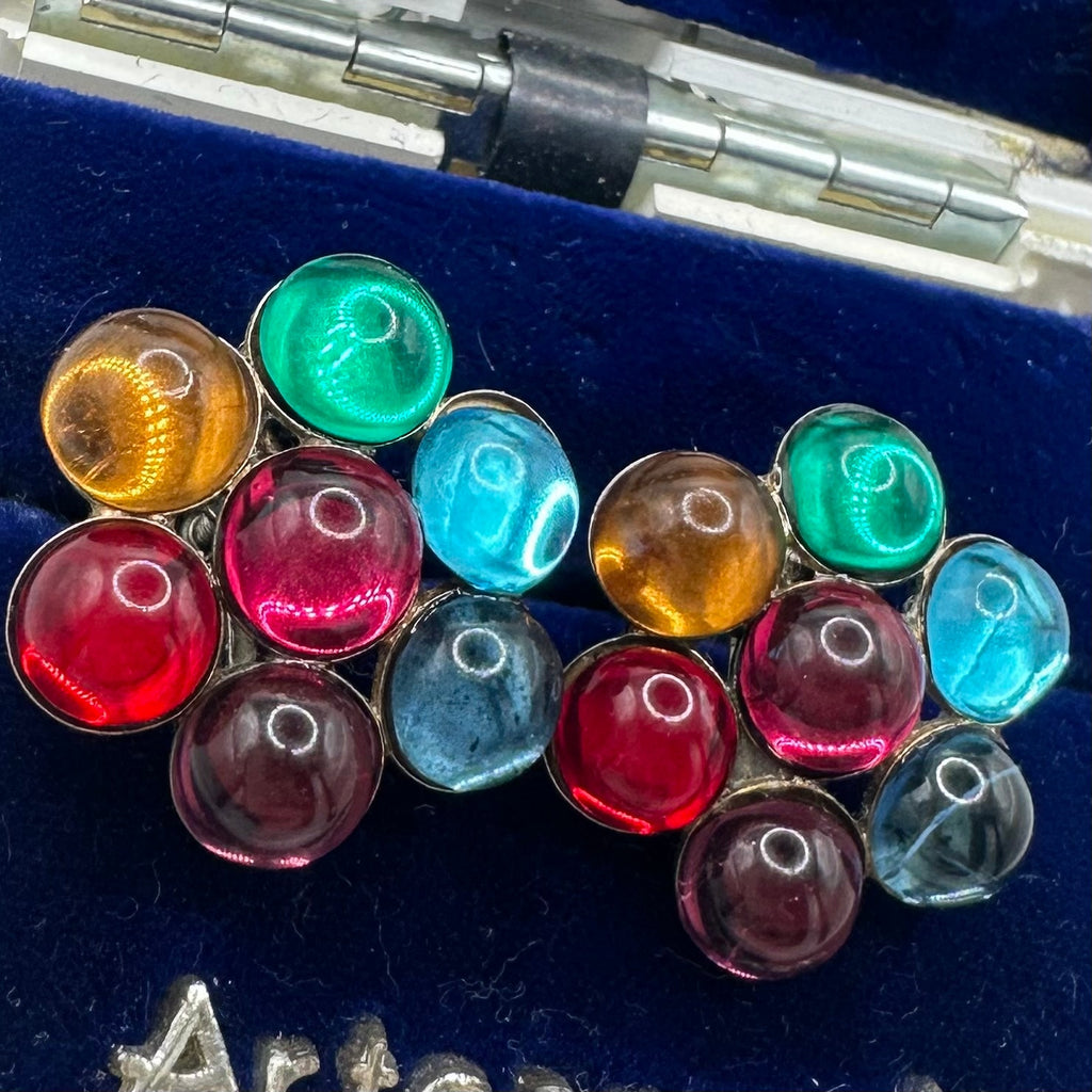 1940s vintage sterling silver rainbow glass cabochons screw back earrings