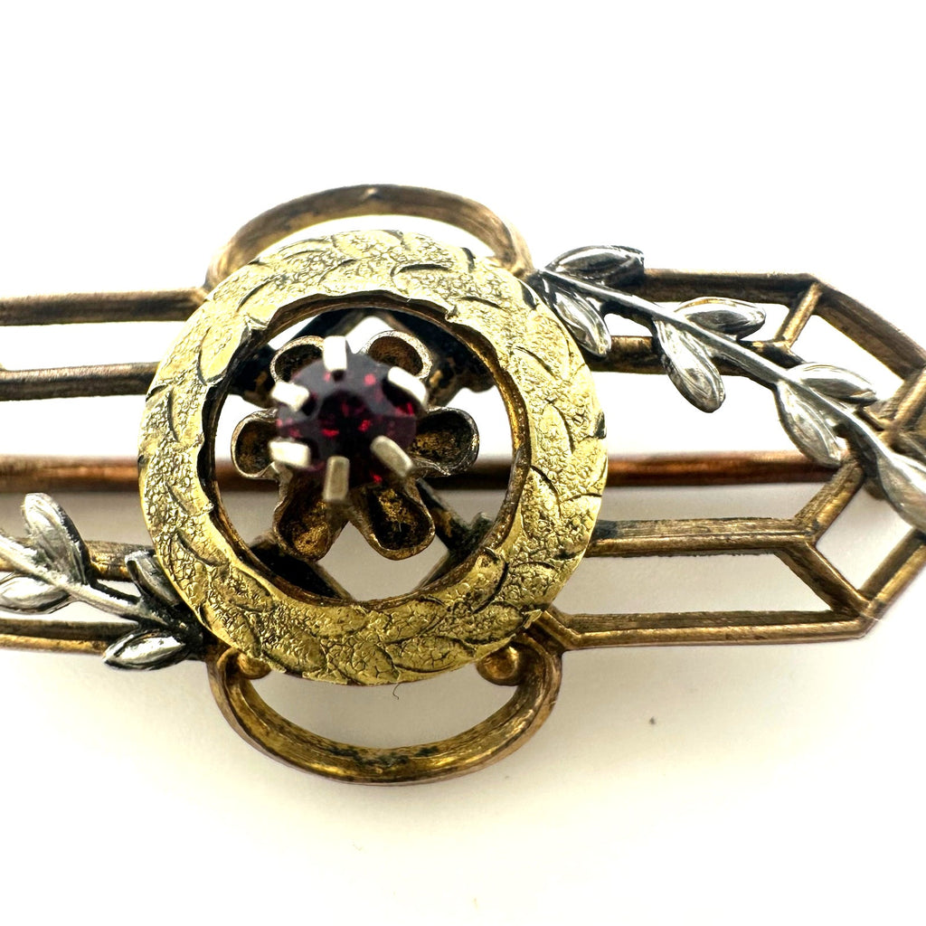 Cheever Tweedy antique Edwardian 1900s gold filled red glass paste brooch pin