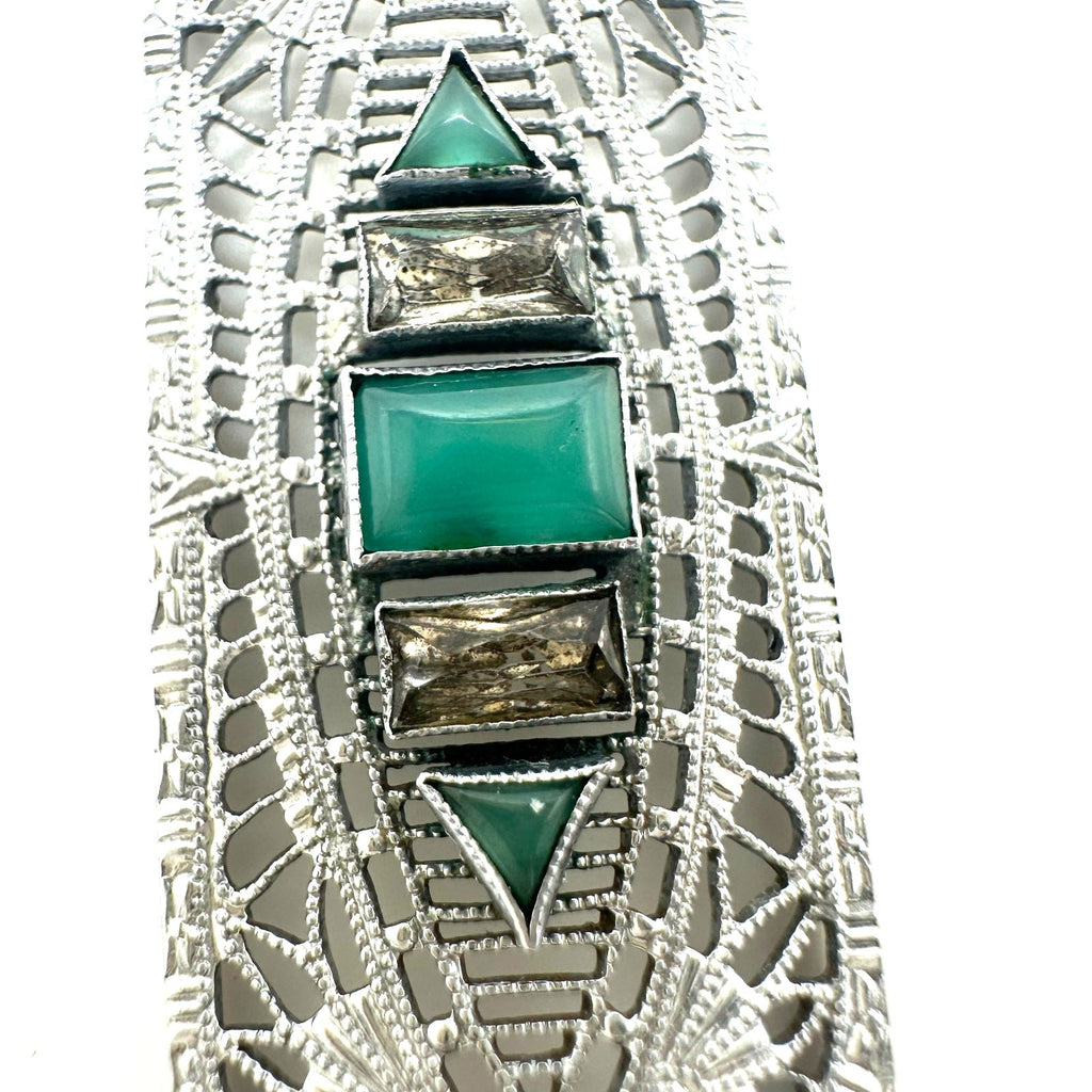 Antique Art Deco rhodium plated Czech glass filigree pendant sterling necklace