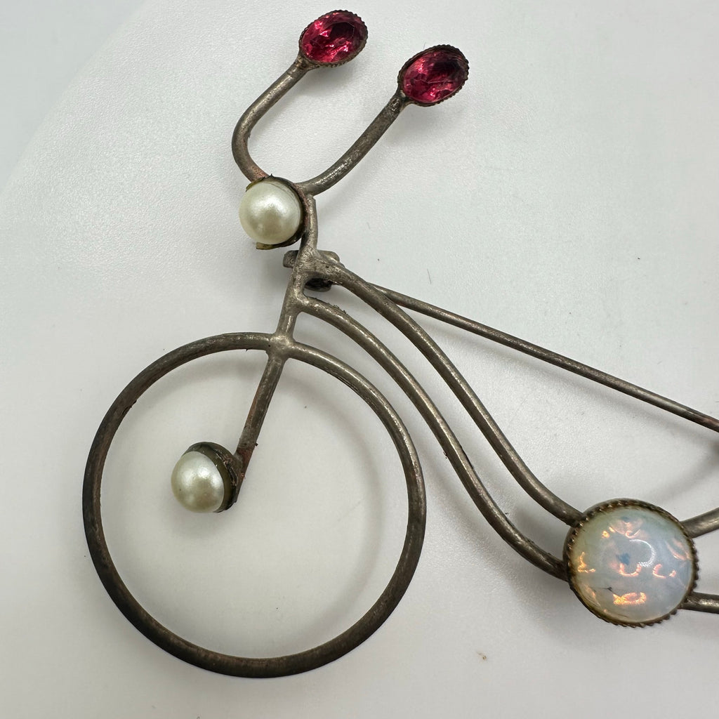 Vintage antique silver tone opalite glass red rhinestones bicycle bike brooch