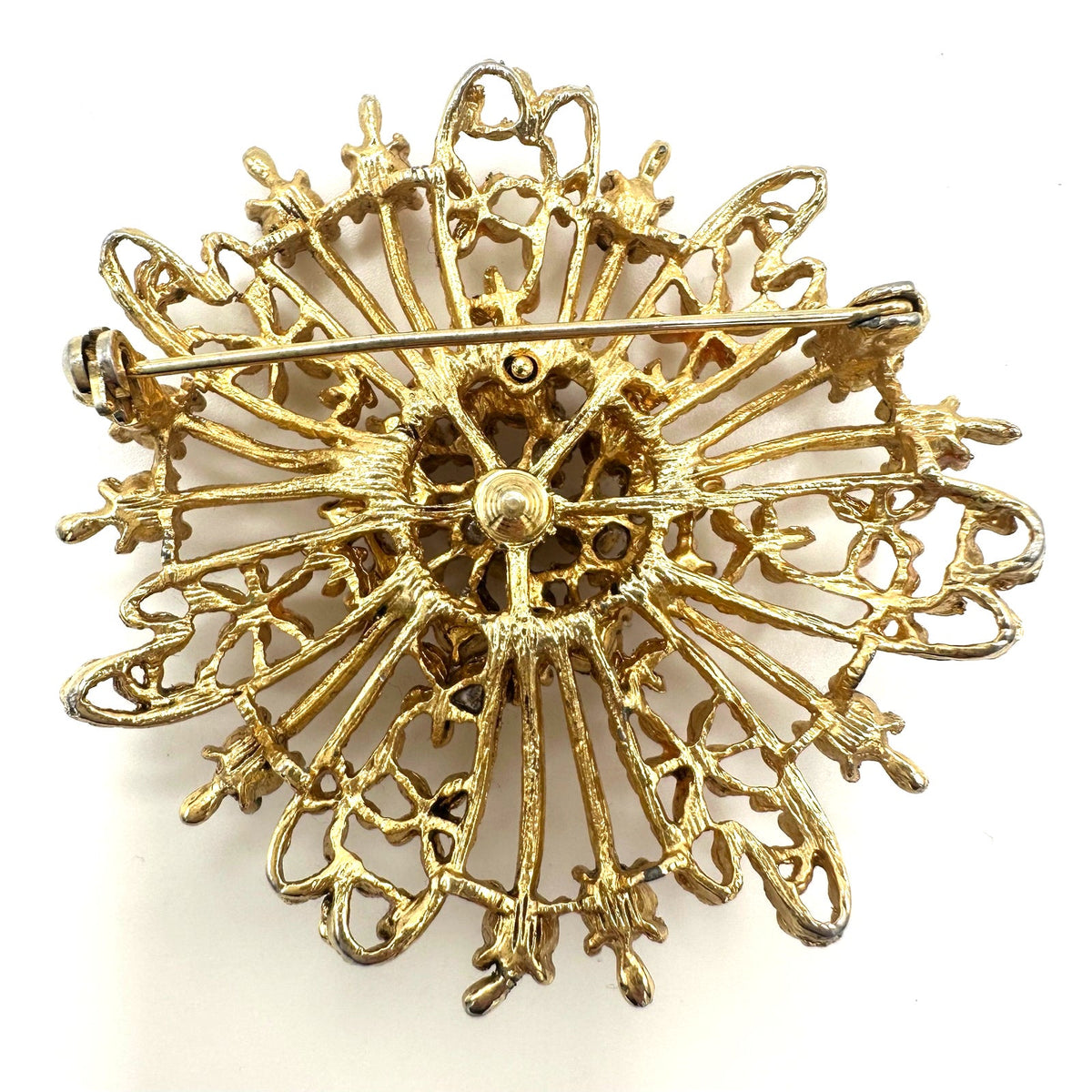 Vintage gold tone pink opalite glass rhinestones cream enamel flowers brooch
