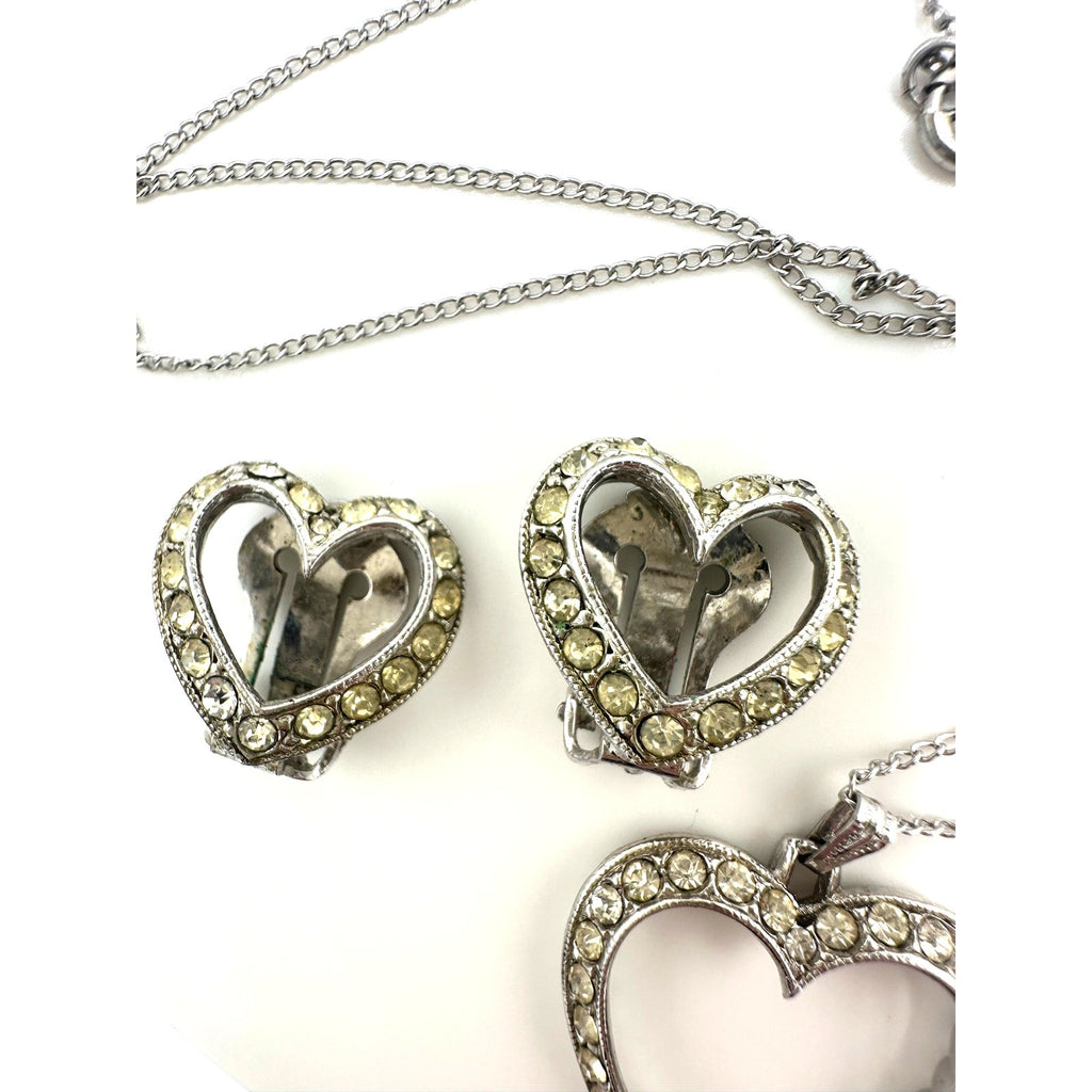 Bogoff vintage silver tone clear rhinestones heart necklace clip on earrings set