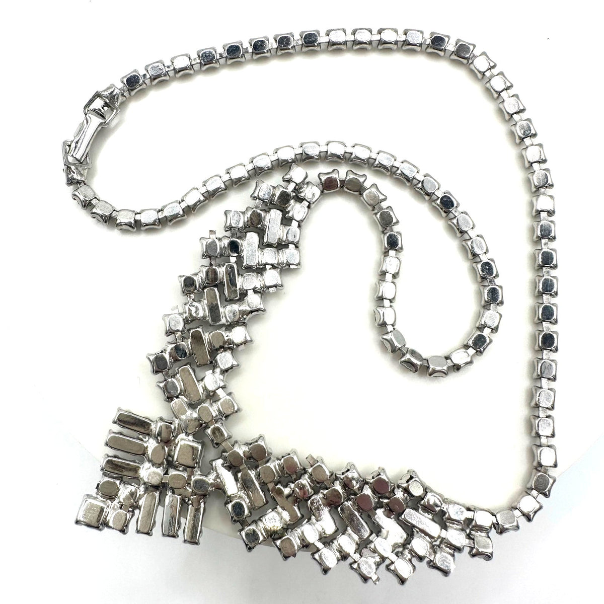 1950s vintage silver tone clear glass rhinestones pointed V swag necklace
