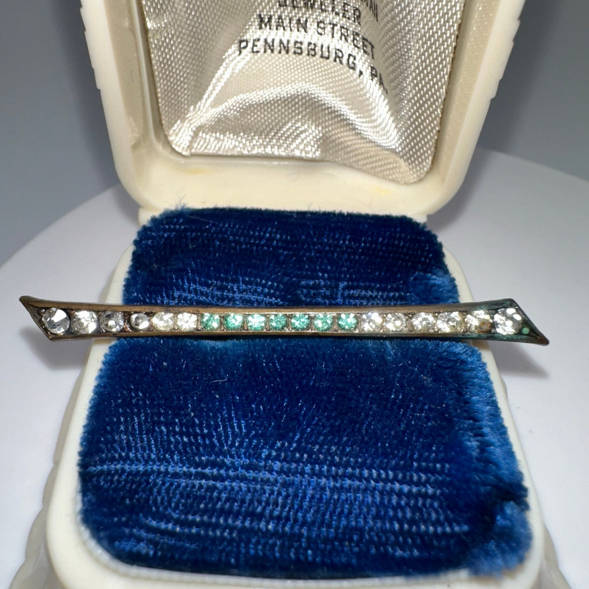 Antique Edwardian Art Deco brass aqua blue glass rhinestones brooch bar pin