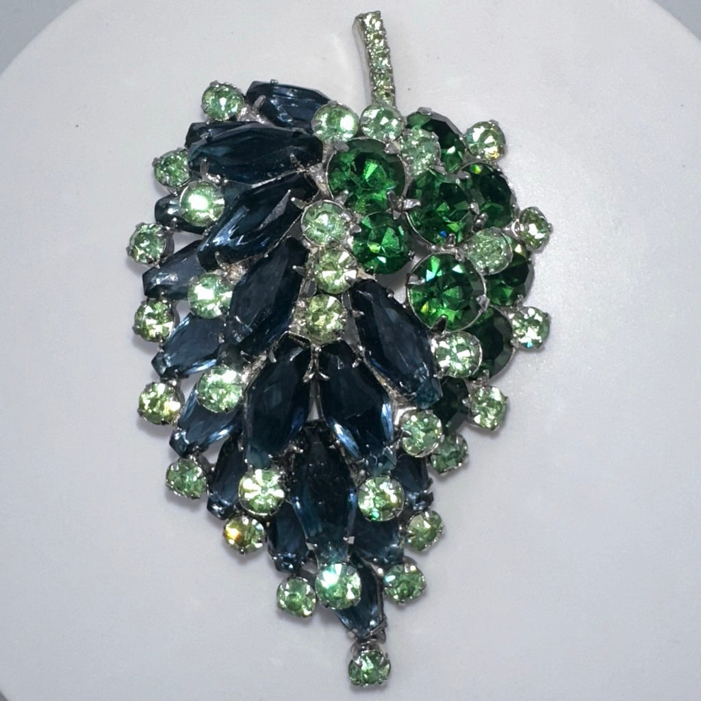 Juliana vintage book piece large silver tone blue green rhinestones leaf brooch