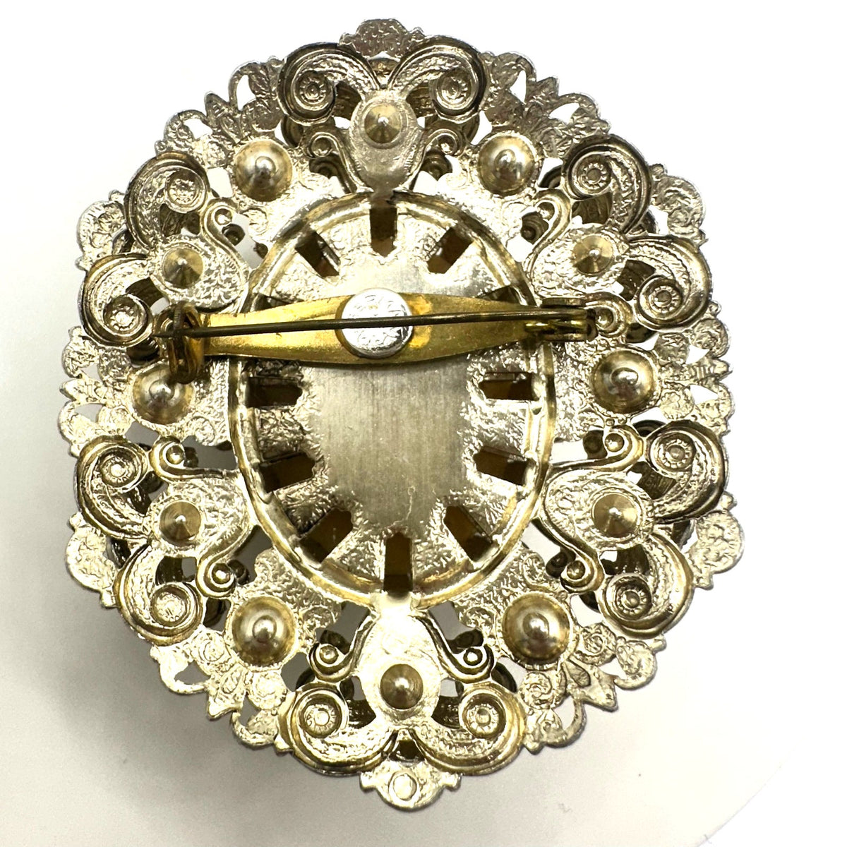 West Germany 1950s gold tone art glass agate cameo rhinestones filigree brooch