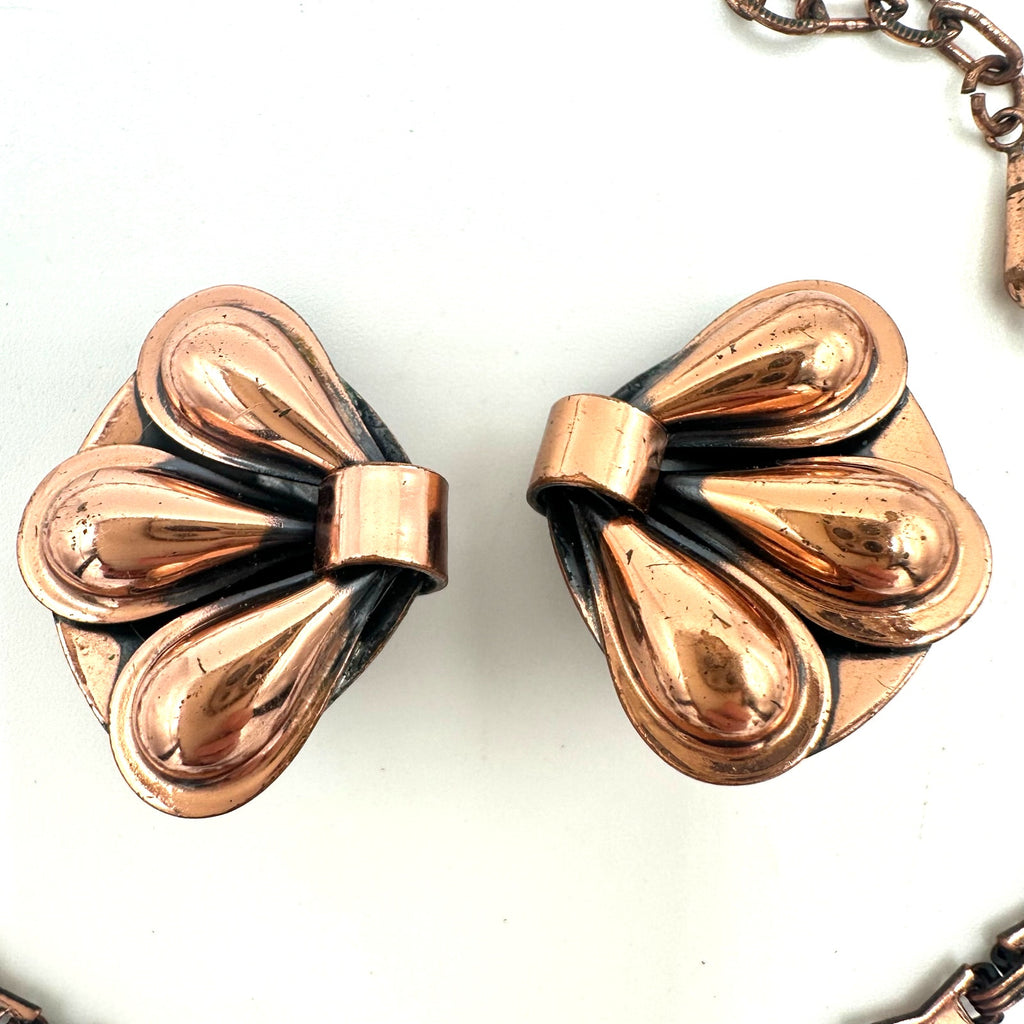 Ramé vintage solid copper modernist teardrop necklace clip on earrings set