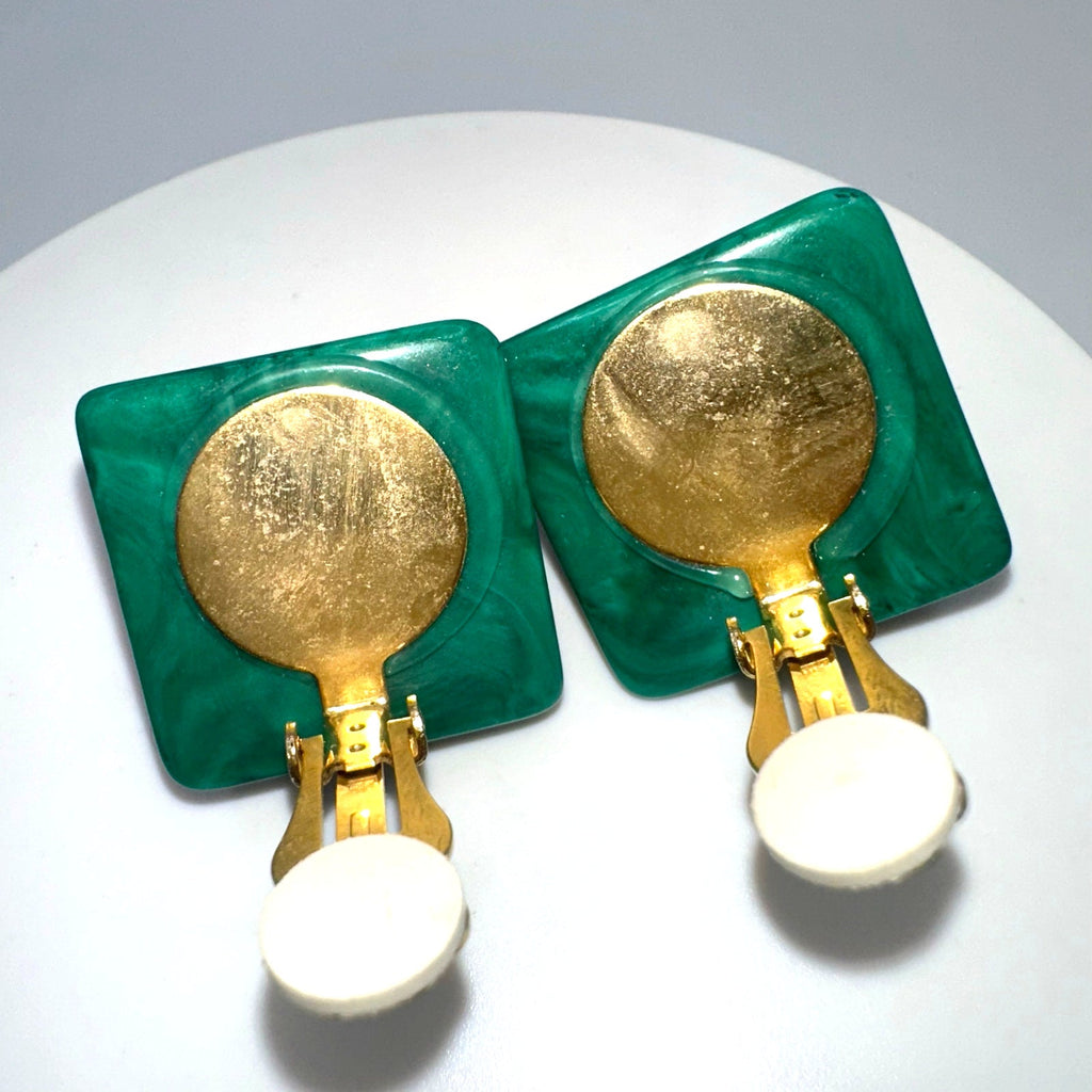 1980s vintage gold tone red black art glass green lucite clip on earrings