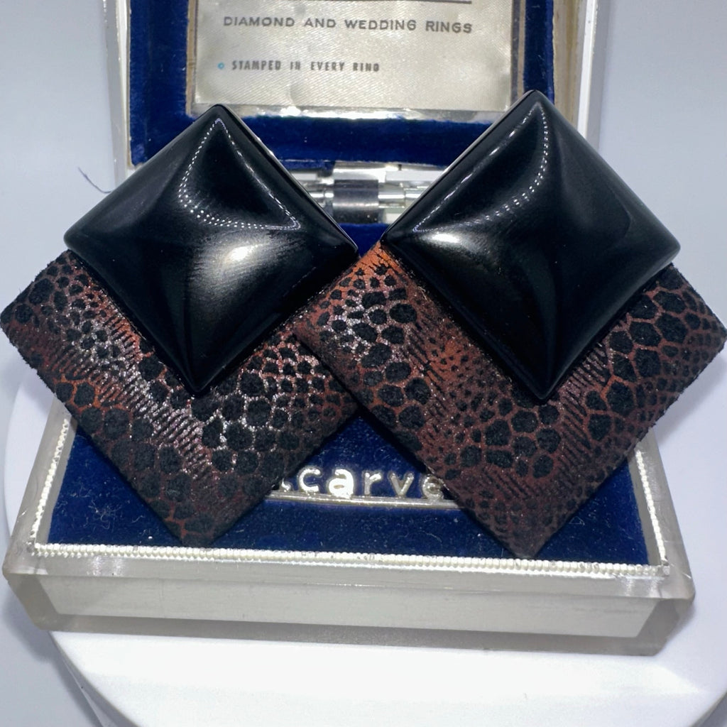 1980s vintage black glass fabric genuine leather statement clip on earrings