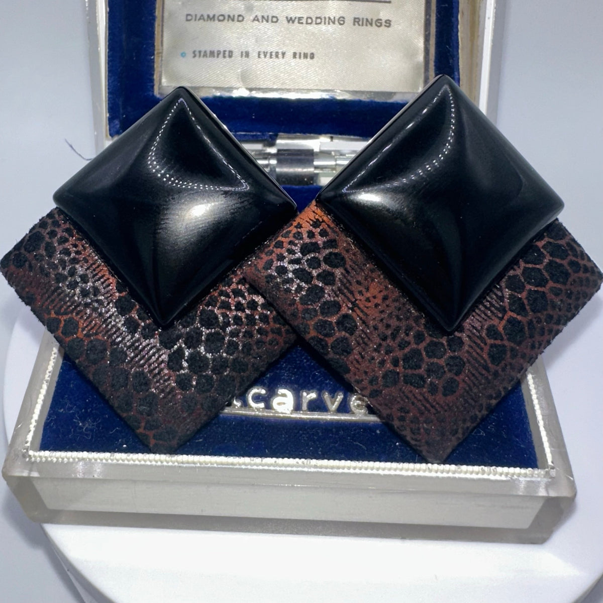 1980s vintage black glass fabric genuine leather statement clip on earrings