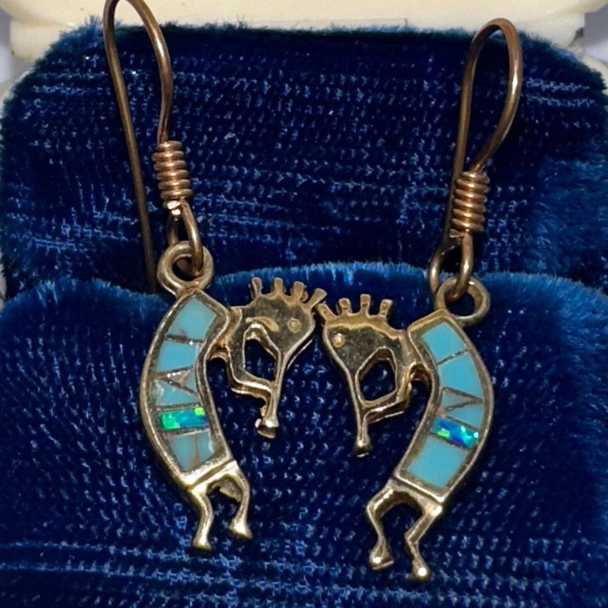 Native American bronze gold tone fire opal turquoise inlay Kokopelli earrings